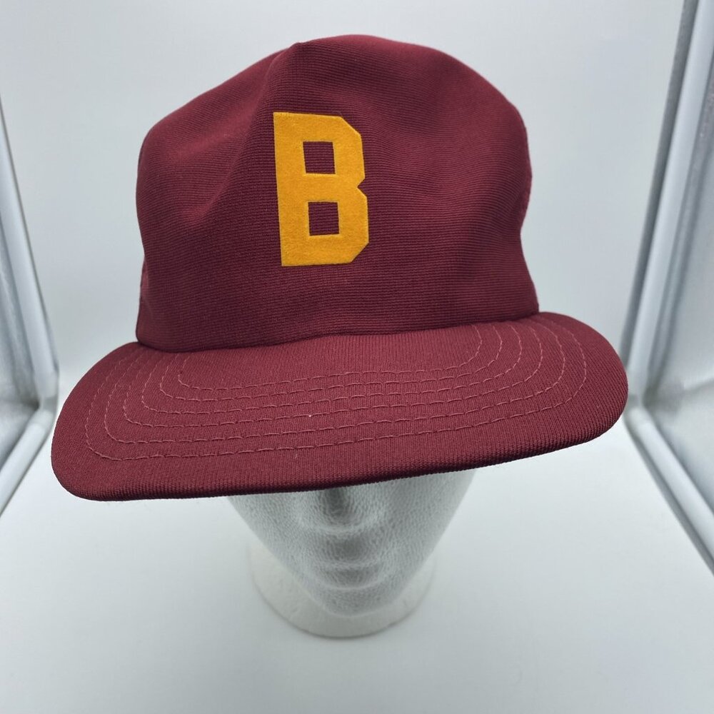 Maroon Cap Yellow B Trucker Hat Snap-back Mesh-back Vintage 90s 80s Made In USA - Picture 2 of 10